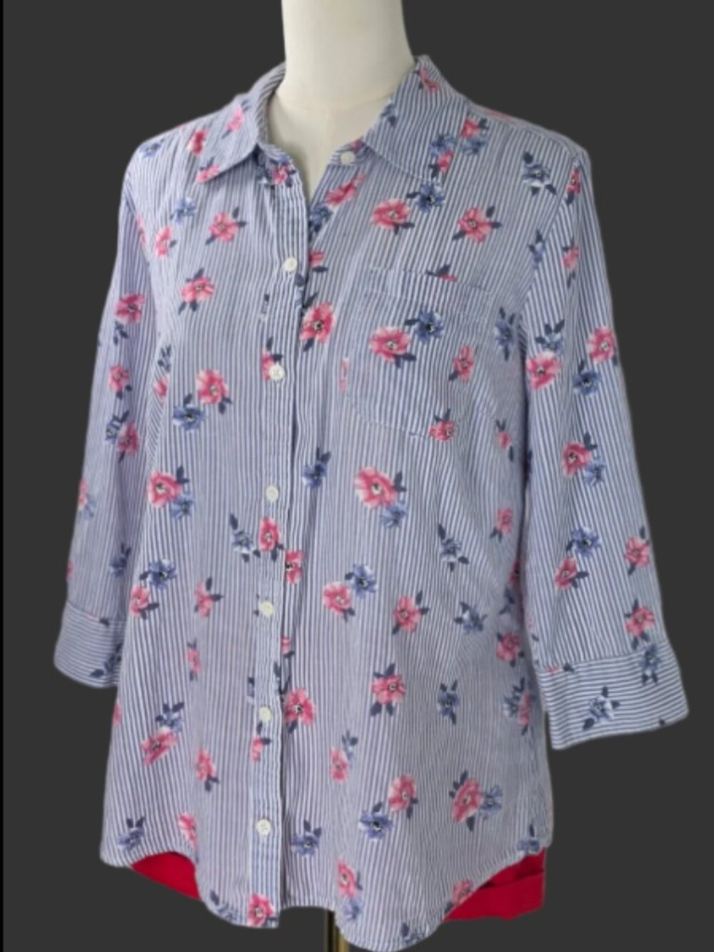 Karen Scott Blue Striped Floral Button-Down Shirt – Size M